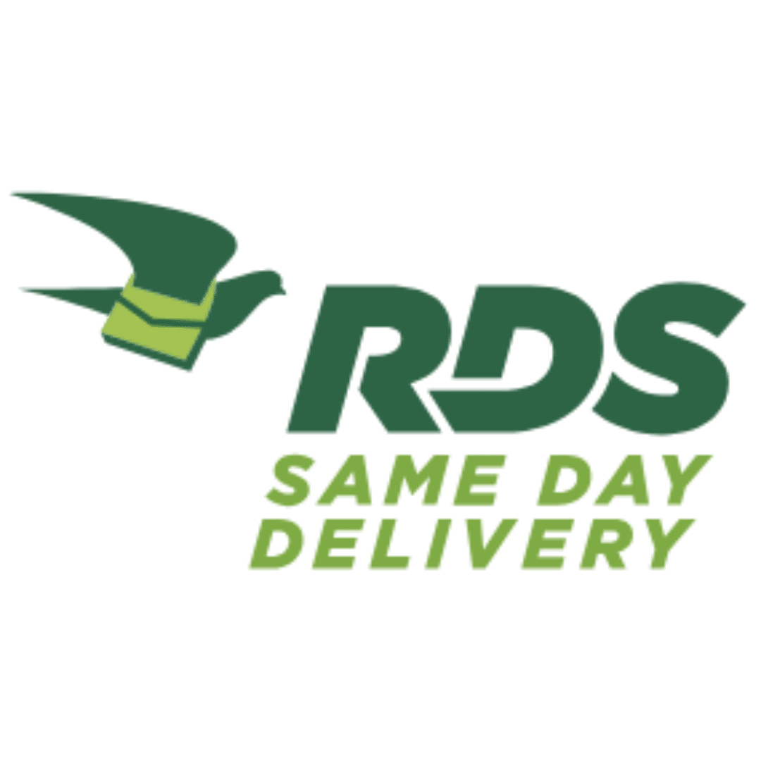 RDS SAME DAY DELIVERY. A green and white logo for rds same day delivery