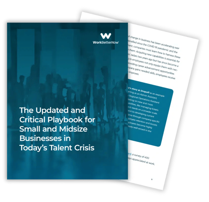 The updated and critical playbook for small and midsize businesses in today 's talent crisis | W WorkBetterNow of change in business has been accelerating over tensified since the COVID-19 pandemic and the nent, companies must learn how to harness these them. Acquiring new capabilities is essential, for es radars two years ago but has since become a to employees not only equips them with nec- roviding career advancement opportunities mpany gains needed skills, employees receive improves The Updated and Critical Playbook for Small and Midsize Businesses in Today's Talent Crisis a's story at Dropoff as an example arting as an Admin Assistant, Regional Operations Assistant taking on new and more sibilities, like managing tickets ent needs on a broader scale. ent to developing current ania through company-specific ployee retention and boosts ployees become highly eady well-versed in the ord, a survey of 400 ays appreciated at work "