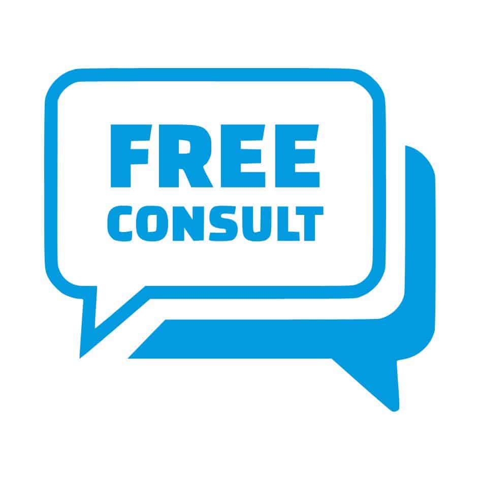 FREE CONSULT. A blue and white speech bubble that says free consult