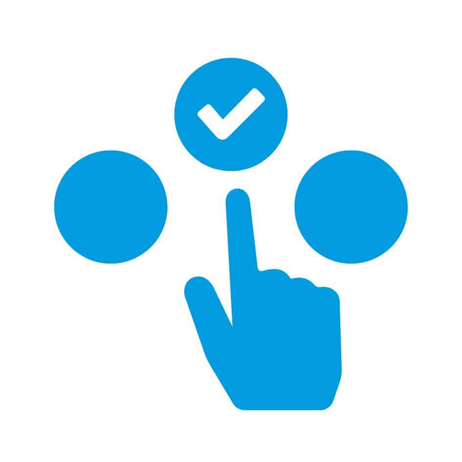 A hand is pointing at a check mark in a blue circle