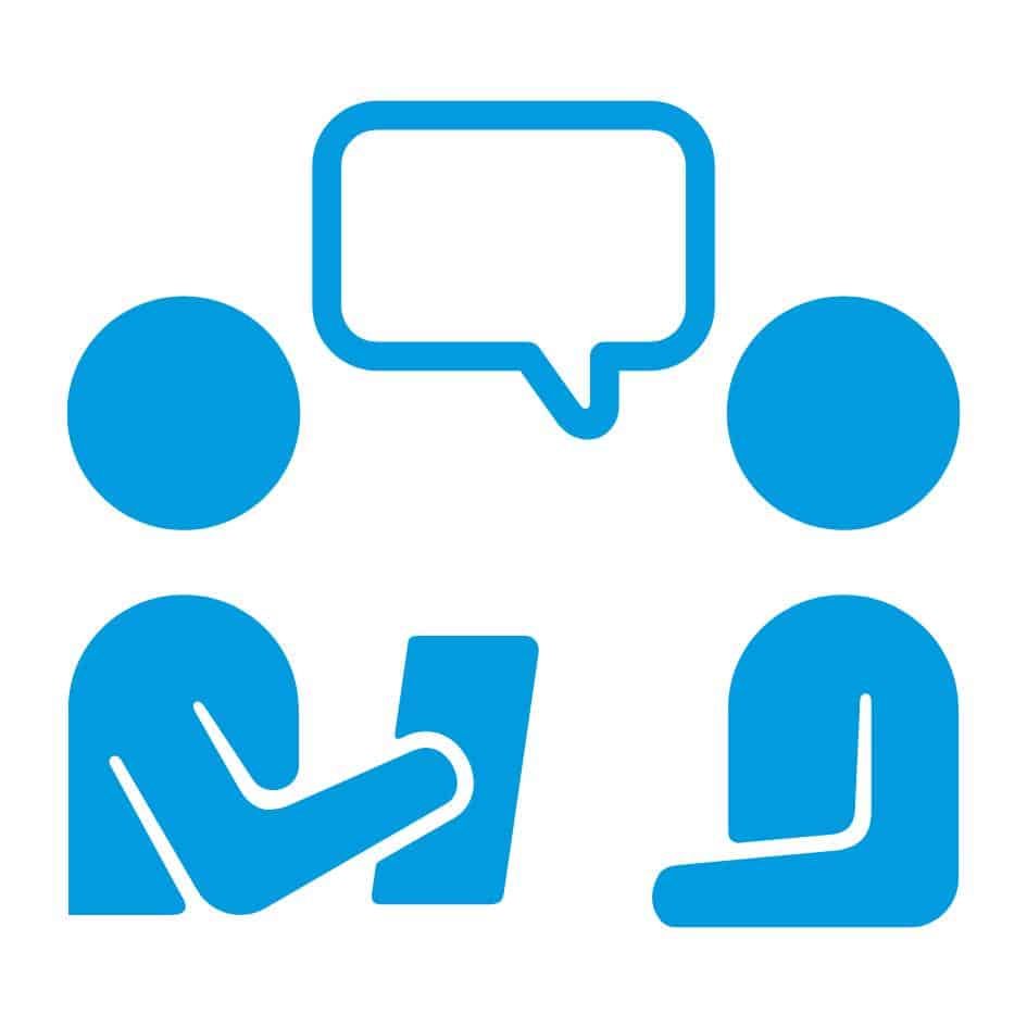 A blue icon of two people talking with a speech bubble