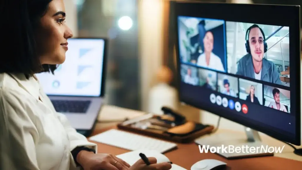 Woman meeting remotely with her team via computer